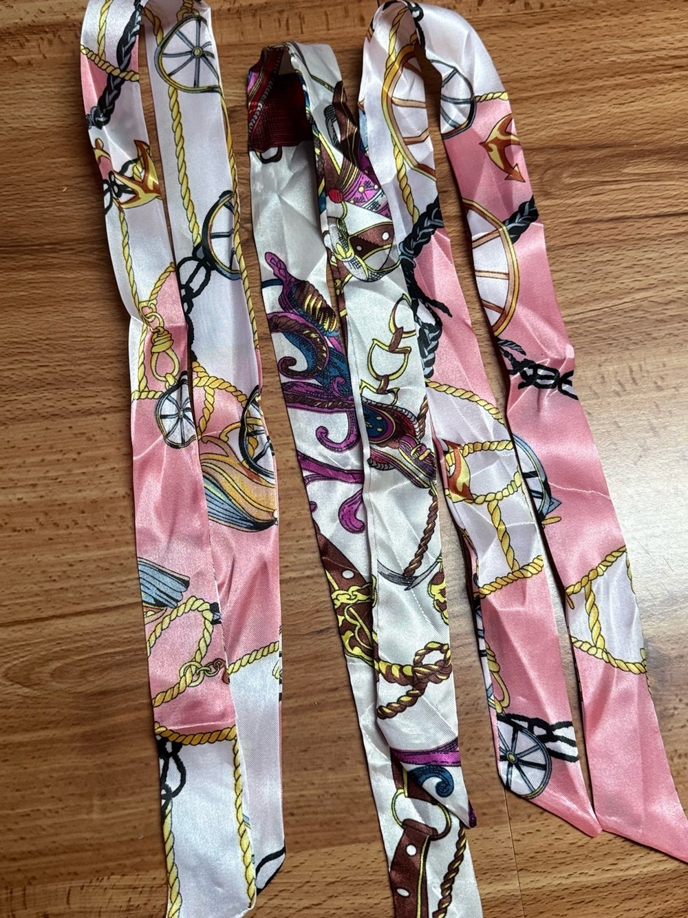 Satin Set of 3 Silky Pink Chain & Equestrian Print Scarf Ribbon Hair Tie - Picture 3 of 4